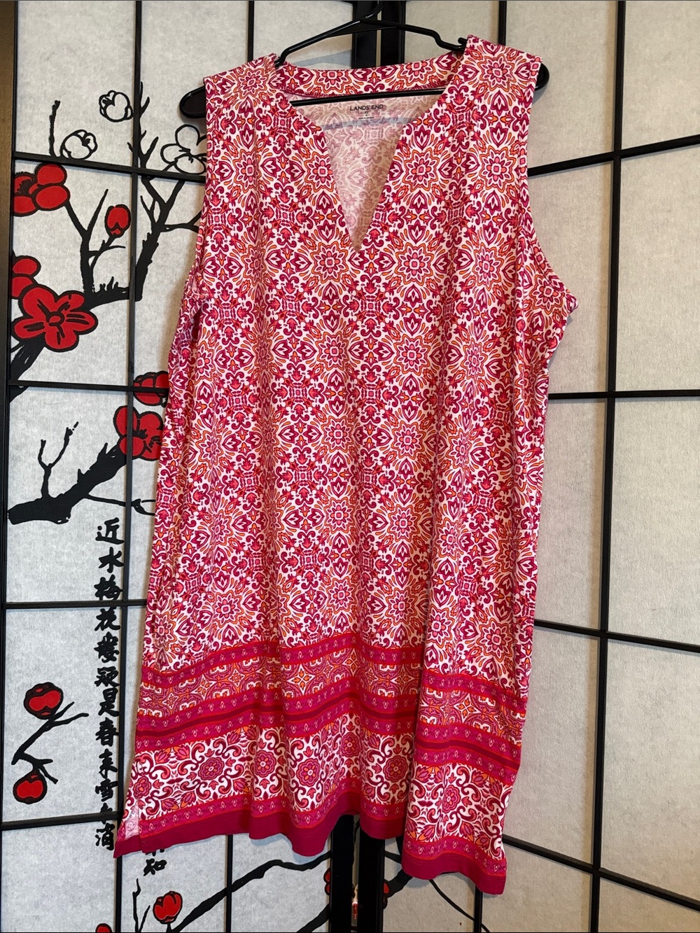 Lands' End Pink Patterned Sleeveless V-Neck Dress